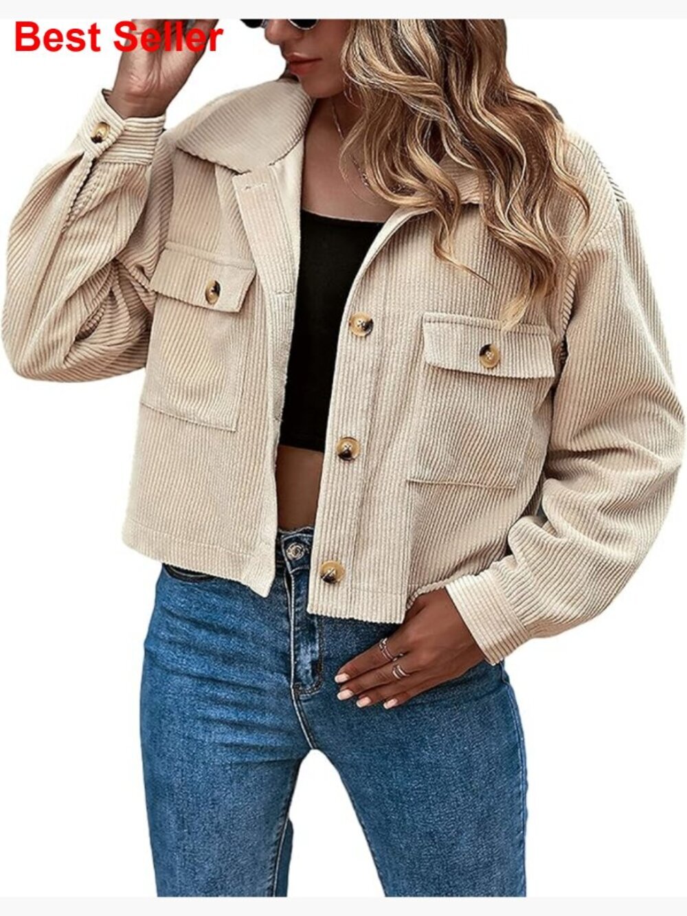Cropped Corduroy Shacket Button Down Jacket with Pockets